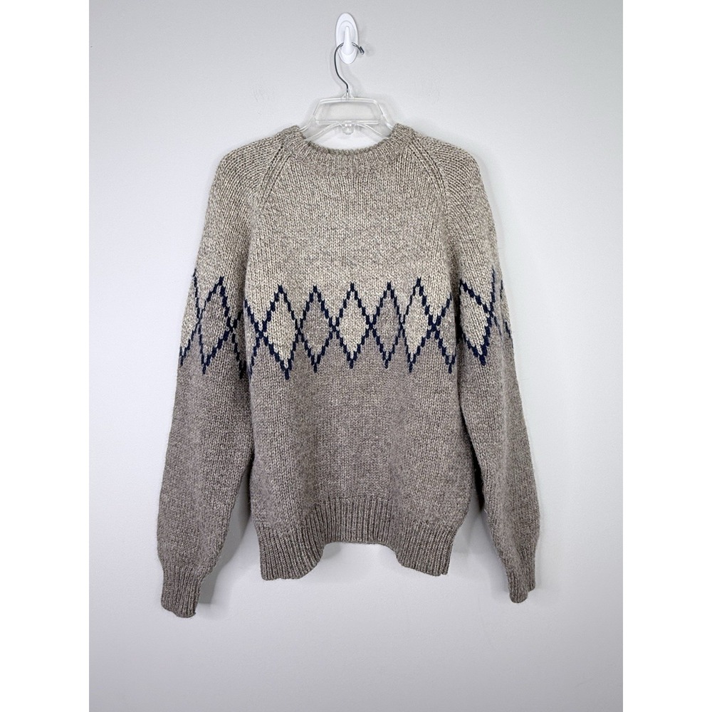 Vintage Gap Wool Crew Neck Knit Sweater Beige Blue Diamond Men's Large